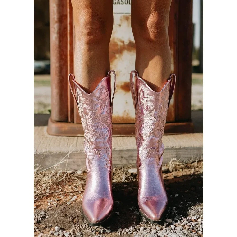 ✨ Women's Pink Cowgirl Boots Embroidered Cowboy Chunky Block Heel Western Boots